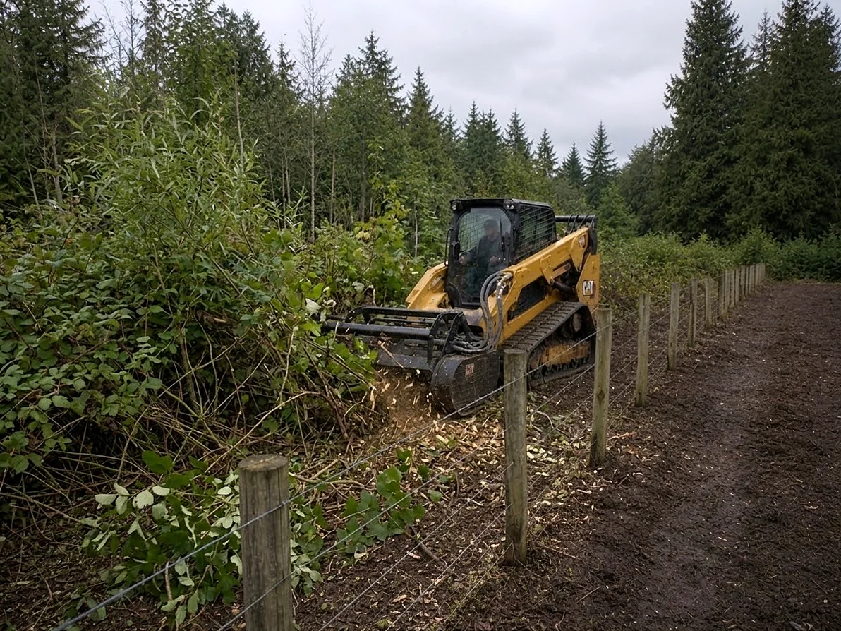CAT compact track loader using an HM415 mulcher to clear blackberry and brush beside a fence, leaving a soil-forward corridor